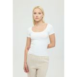 SHEISMONO Soft Rib Oval Yaka Kısa Kol Bluz Ekru