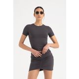 SHEISMONO Soft Touch Yuvarlak Yaka Kısa Kol Bluz Füme