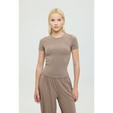 SHEISMONO Ultra Soft Yuvarlak Yaka Kısa Kol Bluz Vizon