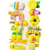 SHEKER HOME 14’lü Kız Çocuk ve Bebek Sarı Yaz Temalı Pens Toka Seti | Papatya, Ananas, Gökkuşağı, Kelebek, Dondurma ve Limon Figürlü Saç Tokası