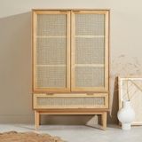 Sheldon Doğal Ahşap Rattan Kapaklı Gardırop - Modern Minimalist Dolap - Bej