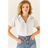 SheLoria Kadın Beyaz Yarasa Oversize Keten Gömlek