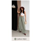 SheLoria Kadın Çağla Yeşili Modal Kumaş Perde Model Bol Paça Lastikli Bel Bağcıklı Pantolon
