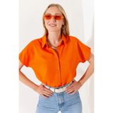 SheLoria Kadın Turuncu Yarasa Oversize Keten Gömlek