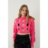 Sherin Fuşya Oversize Delikli Triko Crop Kazak - M - L