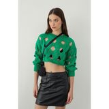 Sherin Yeşil Oversize Delikli Triko Crop Kazak - M - L