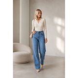Shevega Kadın Mavi Arka Kemer Tokalı Yüksek Bel Baggy Jeans Salaş Kot Pantolon - 34