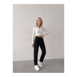 SHEVEGA Kadın Siyah Keten Mom Jeans Pantolon