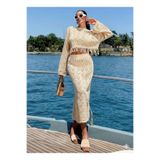 SHEZAN MODA Kadın Bej Püsküllü Crop Bluz Yüksel Bel Etek İkili Triko Takım BB-20004703