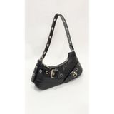 SHIKIRTI BAG STORE Kroko Siyah Çift Çapraz Kemer Toka Detaylı Kadın Omuz Çantası (29cm*13cm)