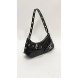 SHIKIRTI BAG STORE Rugan Siyah Renk Çift Çapraz Kemer Toka Detaylı Kadın Omuz Çantası (29cm*13cm)