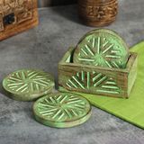 SHILPPAM Crafting Happiness Rustik Yeşil Ahşap Bardak Altlığı Standlı 4'lü Set, Mango Ahşap Masa Üstleri, Geometrik Tasarımlar Masa ve Bar Aksesuarları, Lineer Masa Üstleri, Çiftlik Evi İçecek Bardak
