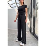 SHILSEE BEUTİQUE KADIN LEOPAR DESENLİ ŞAKARLI SATEN OVERSİZE PANTOLON SİYAH