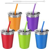 ShineMe 5 Paket Pipet ve Kapaklı Çocuk Bardakları Dökülmeye Dayanıklı, 12oz Renkli Silikon Kılıflı Bebek Hasır Bardakları, Soğuk ve Sıcak İçecekler için Kırılmaz Paslanmaz Çelik Su Bardakları, Yetişkinler ve