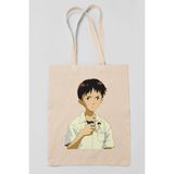 Shinji Anime Baskılı Omuz Çantası %100 Pamuklu Tote Bag Ham Bez Çanta - Bej