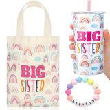 Shinylin 3 Adet Big Sister Hediye 12oz Pembe Büyük Kız Kardeş Kupası Paslanmaz Çelik Kupa Vakum Yalıtımlı Sızdırmaz Kapaklı Bardak ve Saman Big Sister Kanvas Tote Çanta Küçük Kızlar için Büyük Kız