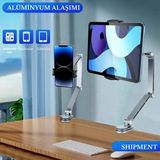 Shipment Alüminyum Telefon Tablet Tutucu Stand 4-15,6 Inç 360 Derece Dönebilen Katlanabilen Uzun Kollu Stand - Gri