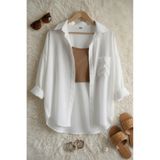 Shiron Sportswear&Company Kadın Beyaz Oversize Keten Gömlek %100 Pamuk