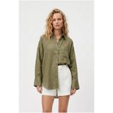 Shiron Sportswear&Company Kadın Haki Oversize Keten Gömlek %100 Pamuk