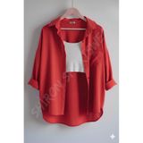 Shiron Sportswear&Company Kadın Kırmızı Oversize Keten Gömlek %100 Pamuk