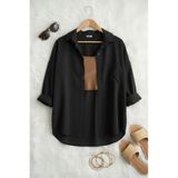 Shiron Sportswear&Company Kadın Siyah Oversize Keten Gömlek %100 Pamuk