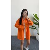 Shiron Sportswear&Company Lüx Kalite Turuncu Kadın Düşük Omuz Oversize Keten Cep Detaylı Gömlek