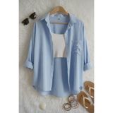 Shiron Sportswear&Company Mavi Kadın Oversize Keten Gömlek %100 Pamuk
