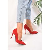Shoeberry Kadın Kırmızı Süet Klasik Topuklu Stiletto Yüksek Tabanlı Yerli Üretim