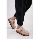 Shoeberry Kadın Softie Bej Süet İçi Tüylü Düz Terlik