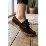 Shoemix Kadın Hakiki Deri Kahverengi Süet Bağcıklı Makosen - El Dikişli Esnek Tırtıklı Taban Günlük Ayakkabı
