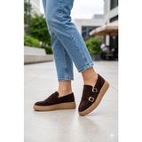 Shoemix Kadın Kahverengi Süet Çift Tokalı Kalın Taban Makosen Loafer Ayakkabı
