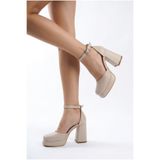 Shoesers Kadın Özel Tasarım Bej Cilt Platform Topuklu Ayakkabı, Gelinlik Ayakkabısı (KALIPLAR YARIM NUMARA BÜYÜKTÜR.)
