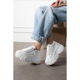 Shoetek Bozhena Kadın Sneakers Bağcıklı Dolgu Tabanlı Spor Ayakkabı Beyaz Deri - Beyaz Cilt