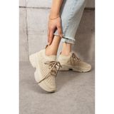 Shoetek Lorda Kadın Sneakers Bağcıklı Triko Dokumalı Spor Ayakkabı Bej