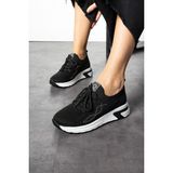 Shoetek Luminita Kadın Sneakers Bağcıklı Triko Dokumalı Yandan Taşlı Spor Ayakkabı Siyah