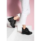 Shoetek Mariangeles Kadın Sneakers Bağcıklı Taşlı Spor Ayakkabı Siyah Deri - Siyah Cilt