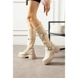 Shoetek Panve Kadın Çizme Bacak Triko Dokumalı Kamer Tokalı Bej