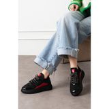 Shoetek Polivya Kadın Sneakers Taşlı Bağcıklı Triko Dokumalı Spor Ayakkabı Siyah/kırmızı Rugan