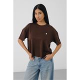 Shooter Sportswear Kahverengi Kadın Oversize Boxy T-Shirt Bisiklet Yaka Rahat Kalıp Tişört