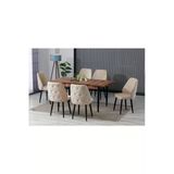 Shoovvel Elas Ahşap Desen 80X132 Açılabilir Mdf Masa Yemek Odası Takımı | Mutfak Takımı | 6 Sandalyeli Bej