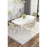 Shoovvel Mona Beyaz 80X132 Açılabilir Mdf Masa Yemek Odası Takımı, Mutfak Takımı 4 Adet Sandalye Beyaz Masa - 4 Krem - Beyaz Ayak