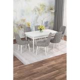 Shoovvel Mona Beyaz 80X132 Açılabilir Mdf Masa Yemek Odası Takımı, Mutfak Takımı 6 Adet Sandalye Beyaz Masa - 6 Gri - Beyaz Ayak