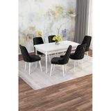 Shoovvel Mona Beyaz 80X132 Açılabilir Mdf Masa Yemek Odası Takımı, Mutfak Takımı 6 Adet Sandalye Beyaz Masa - 6 Siyah - Beyaz Ayak