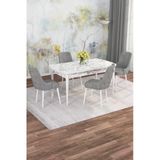Shoovvel Mona Beyaz Mermer 80X132 Açılabilir Mdf Masa Yemek Odası Takımı, Mutfak Takımı 4 Adet Sandalye Beyaz Mermer - 4 Gri - Beyaz Ayak