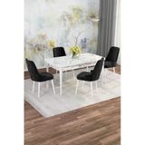 Shoovvel Mona Beyaz Mermer 80X132 Açılabilir Mdf Masa Yemek Odası Takımı, Mutfak Takımı 4 Adet Sandalye Beyaz Mermer - 4 Siyah - Beyaz Ayak