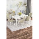Shoovvel Mona Beyaz Mermer 80X132 Açılabilir Mdf Masa Yemek Odası Takımı, Mutfak Takımı 6 Adet Sandalye Beyaz Mermer - 6 Krem - Beyaz Ayak