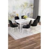 Shoovvel Mona Beyaz Mermer 80X132 Açılabilir Mdf Masa Yemek Odası Takımı, Mutfak Takımı 6 Adet Sandalye Beyaz Mermer - 6 Siyah - Beyaz Ayak
