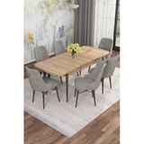 Shoovvel Mona Meşe Desen 80X132 Açılabilir Mdf Masa Yemek Odası Takımı, Mutfak Takımı 6 Adet Sandalye Meşe Masa - 6 Gri - Ceviz Ayak