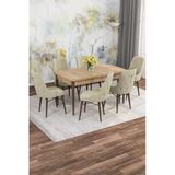 Shoovvel Mona Meşe Desen 80X132 Açılabilir Mdf Masa Yemek Odası Takımı, Mutfak Takımı 6 Adet Sandalye Meşe Masa - 6 Krem - Ceviz Ayak
