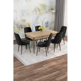Shoovvel Mona Meşe Desen 80X132 Açılabilir Mdf Masa Yemek Odası Takımı, Mutfak Takımı 6 Adet Sandalye Meşe Masa - 6 Siyah - Ceviz Ayak